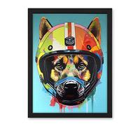 Artery8 German Shepherd Wearing Motorbike Helmet Pop Art Artwork Framed Wall Art Print 18X24 Inch