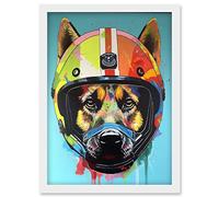 German Shepherd Wearing Motorbike Helmet Pop Art Artwork Framed Wall Art Print A4 Artery8 White One Size