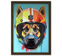 Artery8 German Shepherd Wearing Motorbike Helmet Pop Art Artwork Framed Wall Art Print A4 in Brown Artery8 Brown
