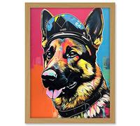 Artery8 German Shepherd Wearing Police Hat Modern Pop Art Artwork Framed A3 Wall Art Print