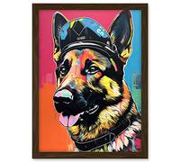 Artery8 German Shepherd Wearing Police Hat Modern Pop Art Artwork Framed A3 Wall Art Print