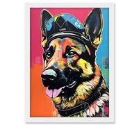 Artery8 German Shepherd Wearing Police Hat Modern Pop Art Artwork Framed A3 Wall Art Print