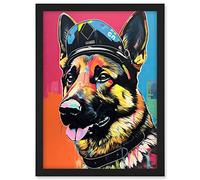 Artery8 German Shepherd Wearing Police Hat Modern Pop Art Artwork Framed A3 Wall Art Print
