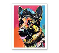 Artery8 German Shepherd Wearing Police Hat Modern Pop Art Artwork Framed Wall Art Print 18X24 Inch
