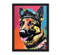 Artery8 German Shepherd Wearing Police Hat Modern Pop Art Artwork Framed Wall Art Print 18X24 Inch