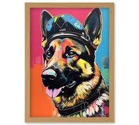 Artery8 German Shepherd Wearing Police Hat Modern Pop Art Artwork Framed Wall Art Print A4 in Light Oak Artery8 Light Oak