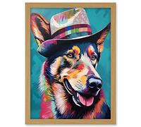 Artery8 German Shepherd with Fedora Hat Vibrant Portrait Artwork Framed A3 Wall Art Print