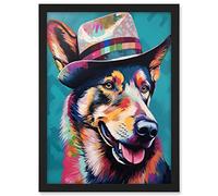 Artery8 German Shepherd with Fedora Hat Vibrant Portrait Artwork Framed A3 Wall Art Print