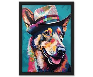 Artery8 German Shepherd with Fedora Hat Vibrant Portrait Artwork Framed A3 Wall Art Print