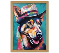 Artery8 German Shepherd with Fedora Hat Vibrant Portrait Artwork Framed Wall Art Print A4