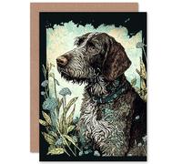 Artery8 German Wirehaired Pointer Dog and Blue Wildflowers Modern Portrait Illustration Art Birthday Sealed Greeting Card Plus Envelope Blank inside