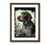 Artery8 German Wirehead Pointer Dog and Blue Wildflowers Modern Portrait Illustration Artwork Framed Wall Art Print 18X24 Inch