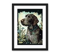 Artery8 German Wirehead Pointer Dog and Blue Wildflowers Modern Portrait Illustration Artwork Framed Wall Art Print 18X24 Inch