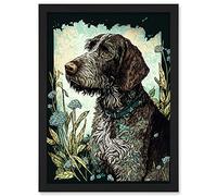 Artery8 German Wirehead Pointer Dog and Blue Wildflowers Modern Portrait Illustration Artwork Framed A3 Wall Art Print