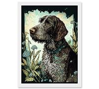 Artery8 German Wirehead Pointer Dog and Blue Wildflowers Modern Portrait Illustration Artwork Framed A3 Wall Art Print