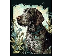 Artery8 German Wirehead Pointer Dog and Blue Wildflowers Modern Portrait Illustration Large Wall Art Poster Print Thick Paper 18X24 Inch