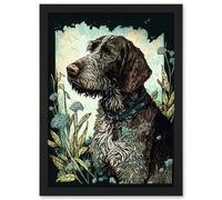Artery8 German Wirehead Pointer Dog And Blue Wildflowers Modern Portrait Illustration Wall Art Print - A4 Size
