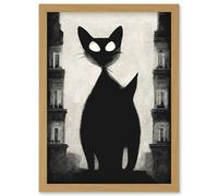Artery8 Giant Black Cat Le Chat Noir City Monochrome Illustration Artwork Framed Wall Art Print A4 in Light Oak Artery8 Light Oak