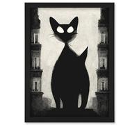 Artery8 Giant Black Cat Le Chat Noir City Monochrome Illustration Wall Art Print - A4 Size