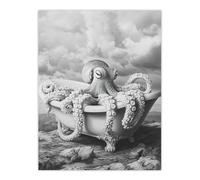 Giant Octopus Bathtub Black White Mountain Cliff Wall Art Print Artery8 White W18 inch x H24 inch