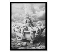 Artery8 Giant Octopus Bathtub Black White Mountain Cliff Framed Art Print | Size: A4 Artery8 White A4