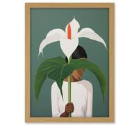 Artery8 Giant Peace Lily Showcase Realistic Oil Painting White Teal Green Woman with Flower Minimalist Artwork Framed A3 Wall Art Print