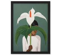Artery8 Giant Peace Lily Showcase Realistic Oil Painting White Teal Green Woman with Flower Minimalist Artwork Framed A3 Wall Art Print