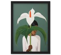 Artery8 Giant Peace Lily Showcase Realistic Oil Painting White Teal Green Woman with Flower Minimalist Artwork Framed Wall Art Print A4