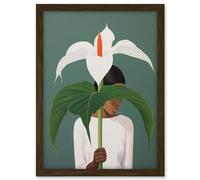 Artery8 Giant Peace Lily Showcase Realistic Oil Painting White Teal Green Woman with Flower Minimalist Artwork Framed A3 Wall Art Print