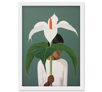 Artery8 Giant Peace Lily Showcase Realistic Oil Painting White Teal Green Woman with Flower Minimalist Artwork Framed Wall Art Print A4