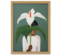 Artery8 Giant Peace Lily Showcase Realistic Oil Painting White Teal Green Woman with Flower Minimalist Artwork Framed Wall Art Print A4