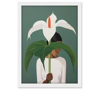 Artery8 Giant Peace Lily Showcase Realistic Oil Painting White Teal Green Woman with Flower Minimalist Artwork Framed A3 Wall Art Print