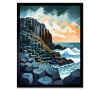 Artery8 Giant's Causeway Northern Ireland Basalt Formations and Polygonal Clouds Modern Watercolour Painting Artwork Framed Wall Art Print 9X7 Inch