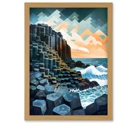 Artery8 Giant's Causeway Northern Ireland Basalt Formations & Polygonal Clouds Modern Watercolour Painting Artwork Framed Wall Art Print A4 Artery8 Light Oak