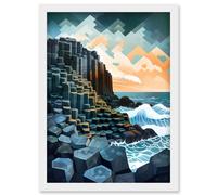 Artery8 Giant's Causeway Northern Ireland Basalt Formations & Polygonal Clouds Modern Watercolour Painting Artwork Framed Wall Art Print A4 in White Artery8 White