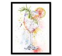 Artery8 Framed Wall Art Gin Tonic Cocktail Rosemary Watercolour Modern Print - 12X16 Inch
