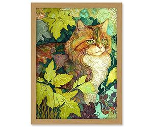 Artery8 Ginger Cat Hiding in the Bush Tree Modern Colourful Illustration Artwork Framed A3 Wall Art Print