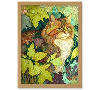 Ginger Cat Hiding in the Bush Tree Modern Colourful Illustration Artwork Framed Wall Art Print A4 Artery8 Light Oak One Size