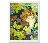 Ginger Cat Hiding in the Bush Tree Modern Colourful Illustration Artwork Framed Wall Art Print A4 Artery8 White One Size