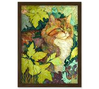Ginger Cat Hiding in the Bush Tree Modern Colourful Illustration Artwork Framed Wall Art Print A4 Artery8 Brown One Size