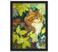 Ginger Cat Hiding in the Bush Tree Modern Colourful Illustration Artwork Framed Wall Art Print A4 Artery8 Black One Size
