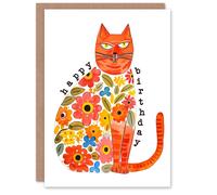 Artery8 Ginger Cat Lover Floral Fur Coat Tabby Folk Art Birthday Card in Orange Artery8 Orange