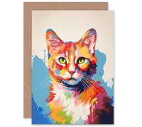 Artery8 Ginger Cat Lover Gift Pet Portrait Colourful Artwork Painting Sealed Greeting Card Plus Envelope Blank inside