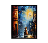 Artery8 Ginger Cat Under Street Lamp at Night Framed Canvas Wall Art Print in Blue | Size: W12" x H16" Artery8 Blue W12" x H16"