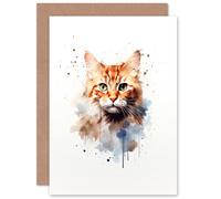 Artery8 Ginger Orange Cat Lovers Gift Watercolour Pet Portrait Painting Artwork Sealed Greeting Card Plus Envelope Blank inside