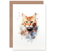 Artery8 Ginger Orange Cat Lovers Gift Watercolour Pet Portrait Painting Artwork Sealed Greeting Card Plus Envelope Blank inside