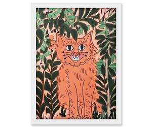 Artery8 Ginger Orange Tabby Cat in Plants Modern Folk Art Artwork Framed A3 Wall Art Print