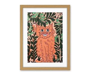 Artery8 Ginger Orange Tabby Cat in Plants Modern Folk Art Artwork Framed Wall Art Print 18X24 Inch