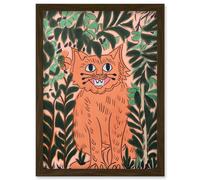 Ginger Orange Tabby Cat in Plants Modern Folk Art Artwork Framed Wall Art Print A4 Artery8 Brown One Size