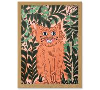 Artery8 Ginger Orange Tabby Cat in Plants Modern Folk Art Artwork Framed Wall Art Print A4
